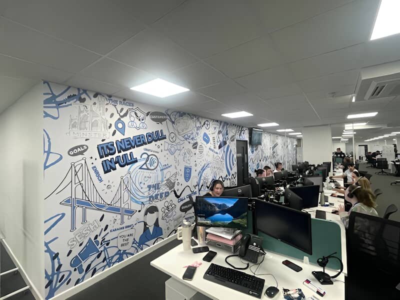 An image of a blue city-inspired graffiti wall graphic that says it's never dull in Hull.